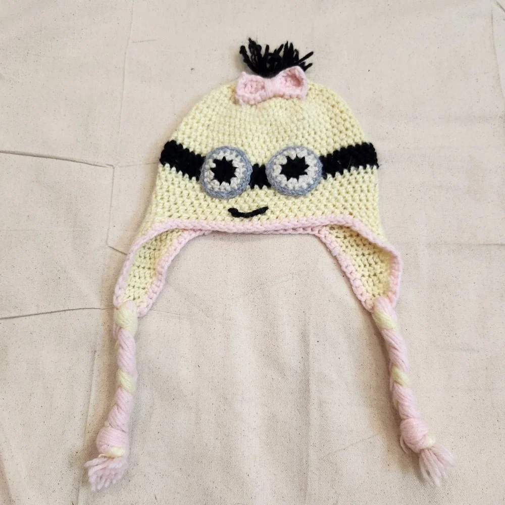 Handcrafted Minion Earflap Beanie Hat Braids Pink Bow Girls Kids Youth Handmade